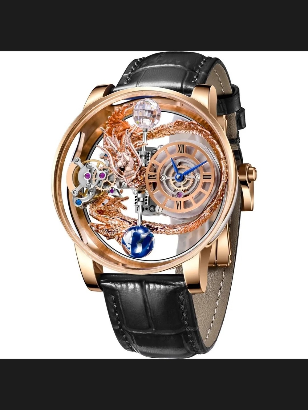 Montres Prestige Rose Gold Dragon Skeleton Mechanical Watch with Black Leather